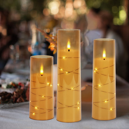 IMAGE Flickering Flameless Candles Battery Operated, Acrylic Shell Pillar 3D Wick LED Candles with 11-Key Remote Control Timer for Wedding Christmas Home Decor Set of 5 (D2.3 in X H5 5 7 7 8 in), Gold