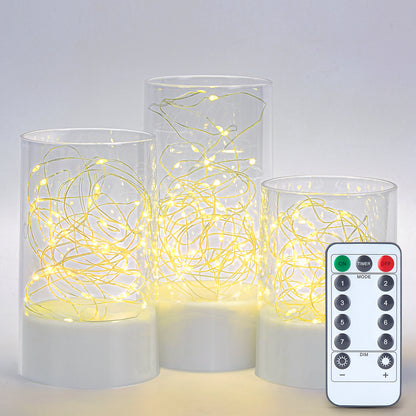 IMAGE Flickering Flameless Candles with String Lights - 3PCS Acrylic Shell Pillar LED Candles Featuring 13-Key Remote Timer, Battery Operated for Home, Wedding and Party Decor (D3 in X H4/5/6 in), White