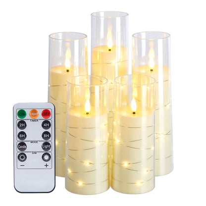 IMAGE Flickering Flameless Candles Battery Operated, Acrylic Shell Pillar 3D Wick LED Candles with 11-Key Remote Control Timer for Wedding Christmas Home Decor Set of 5 (D2.3 in X H5 5 7 7 8 in), Ivory