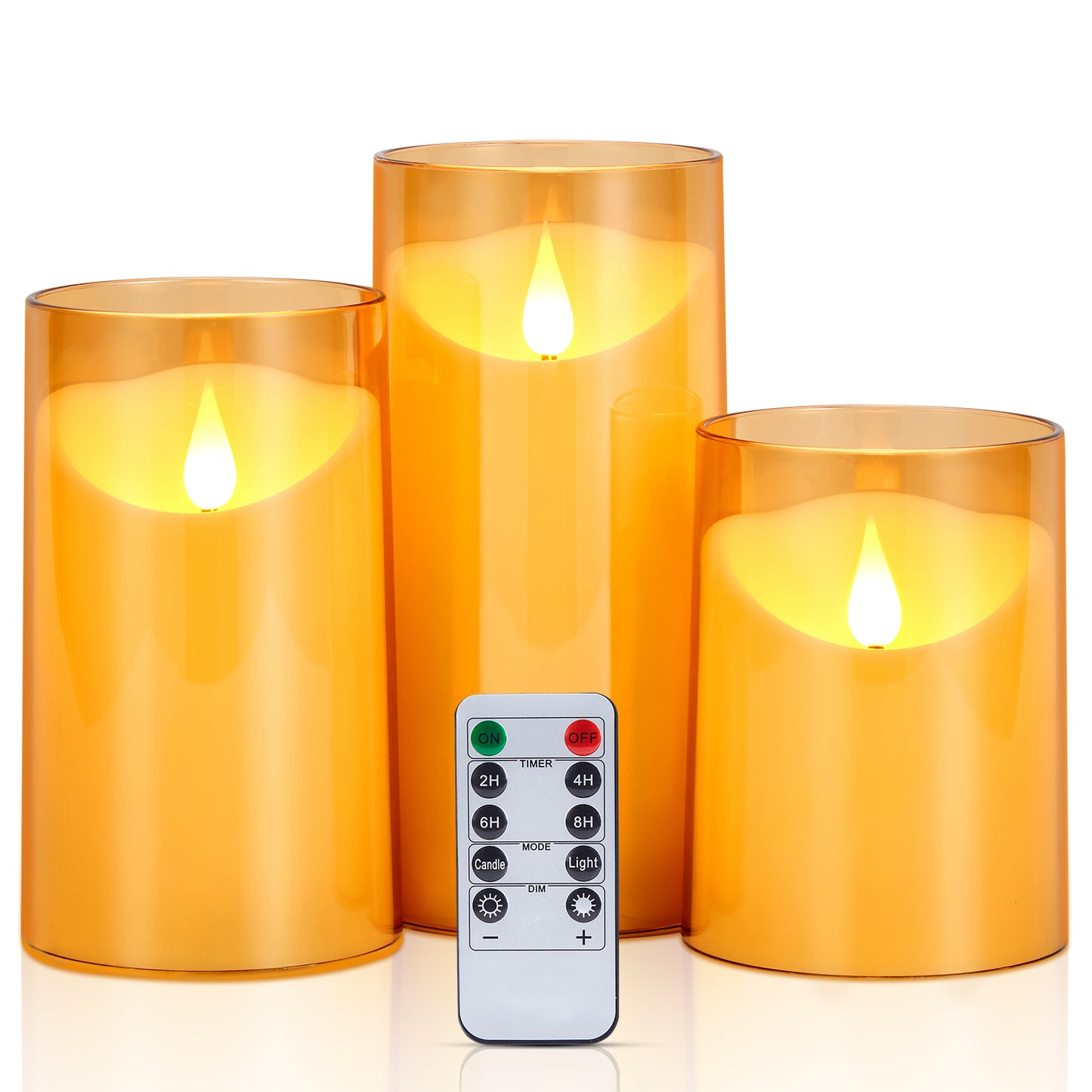 IMAGE Flickering Flameless Candles Battery Operated, 3 Pack Acrylic Shell 3D Wick LED Pillar Candles with Remote Control Timer for Wedding Christmas Home Decor  (D 3"×H 4" 5" 6"), Gold