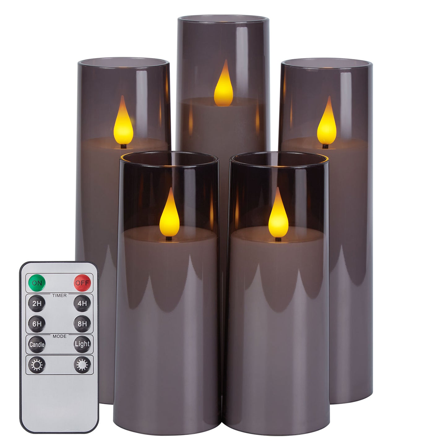 IMAGE Flickering Flameless Candles Battery Operated, Acrylic Shell Pillar 3D Wick LED Candles with 10-Key Remote Control Timer for Wedding Christmas Home Decor Set of 5 (D2.3 in X H5 5 7 7 8 in), Grey