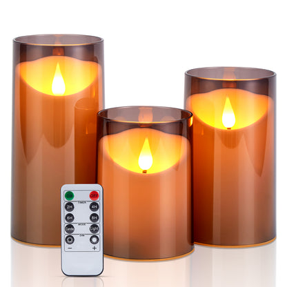 IMAGE Flickering Flameless Candles Battery Operated, 3 Pack Acrylic Shell 3D Wick LED Pillar Candles with Remote Control Timer for Wedding Christmas Home Decor  (D 3"×H 4" 5" 6"), Gray