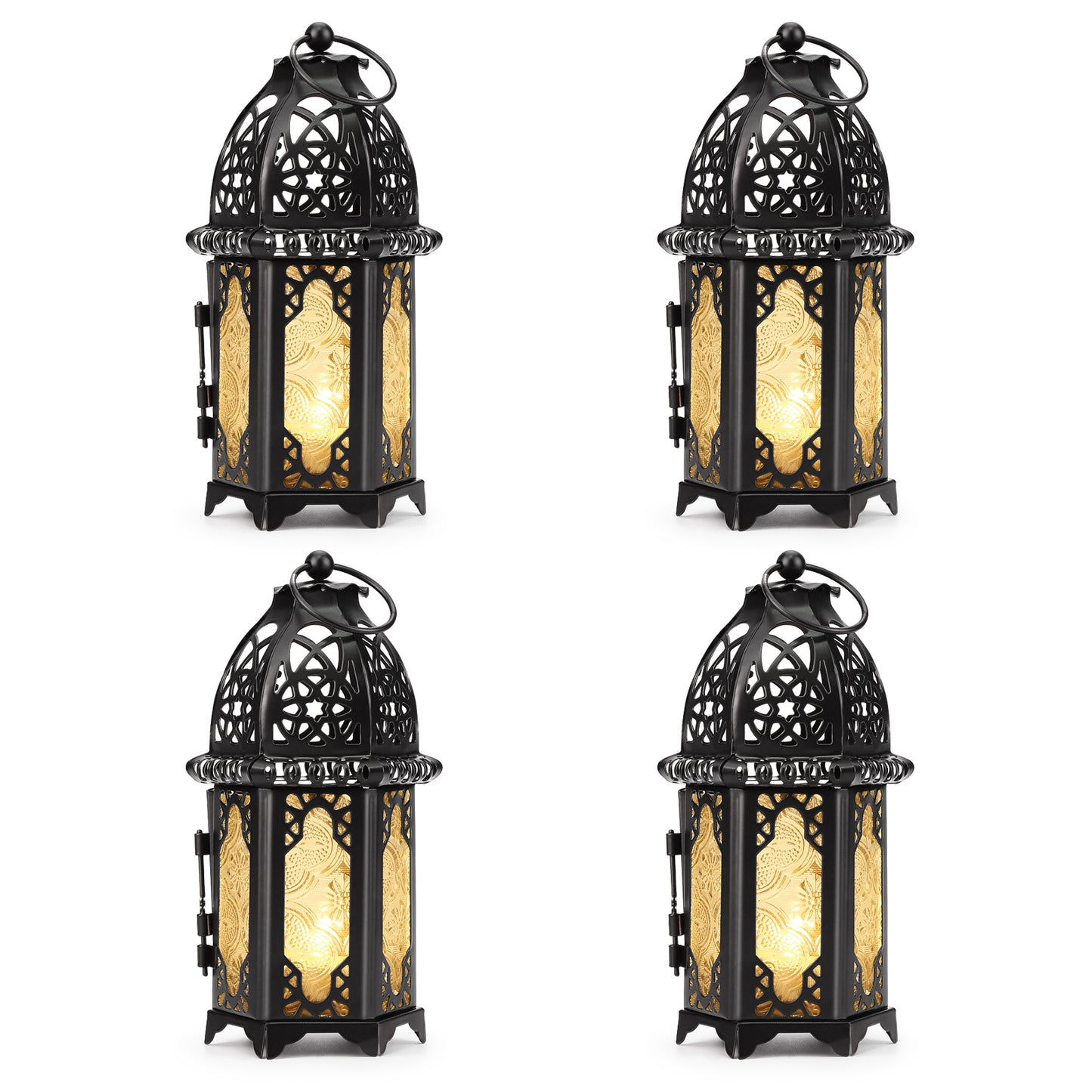 Metal Candle Holder Small Sized 4PCS sets Transparent Glass Moroccan Style Hanging Lanterns Creative Wedding Home Tabletop Decoration Birdcage, Black