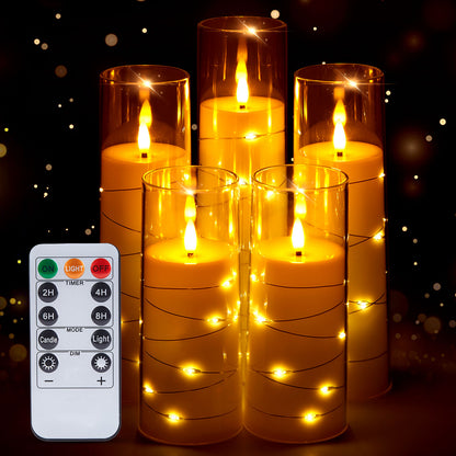 IMAGE Flickering Flameless Candles Battery Operated, Acrylic Shell Pillar 3D Wick LED Candles with 11-Key Remote Control Timer for Wedding Christmas Home Decor Set of 5 (D2.3 in X H5 5 7 7 8 in), Ivory