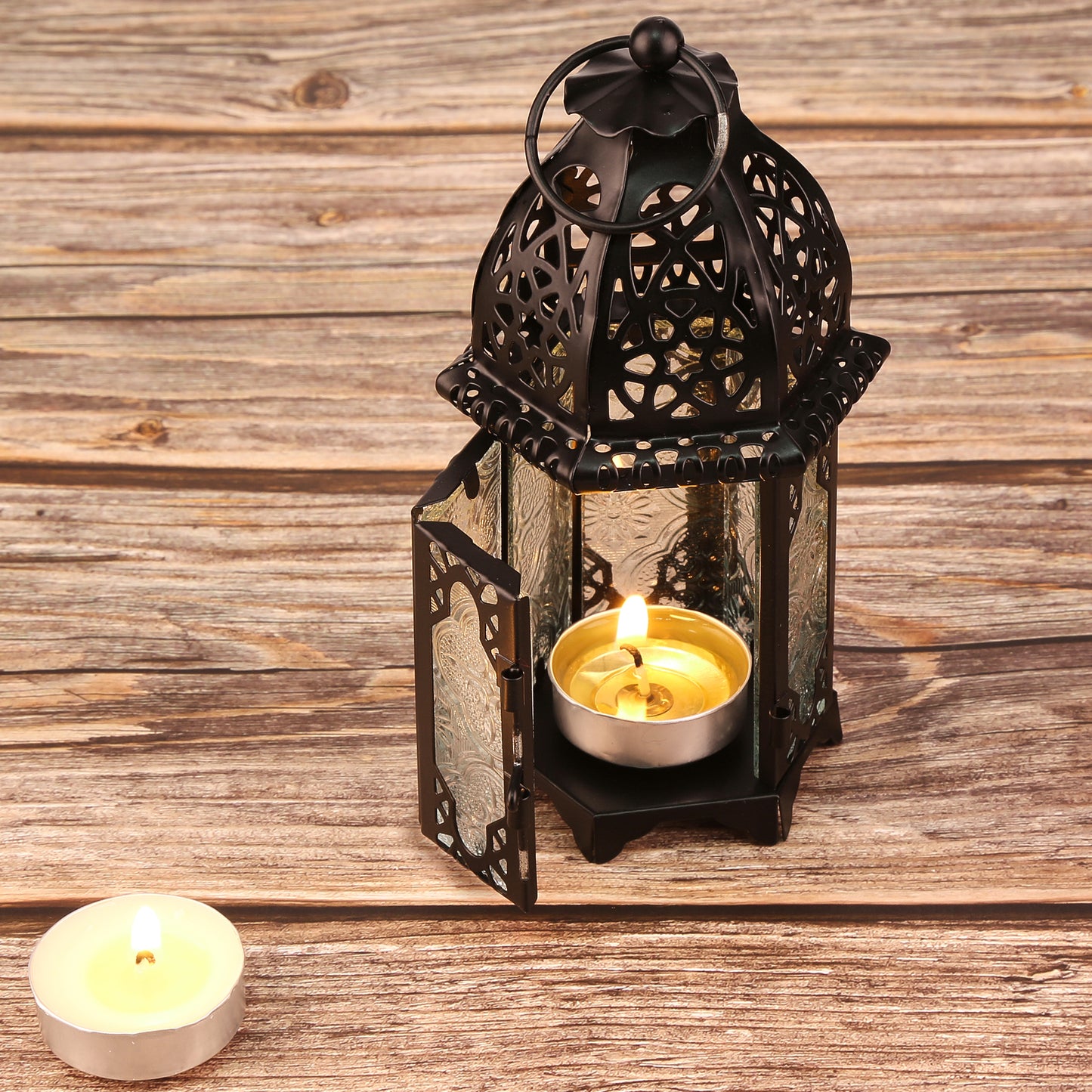 Metal Candle Holder Small Sized 4PCS sets Transparent Glass Moroccan Style Hanging Lanterns Creative Wedding Home Tabletop Decoration Birdcage, Black