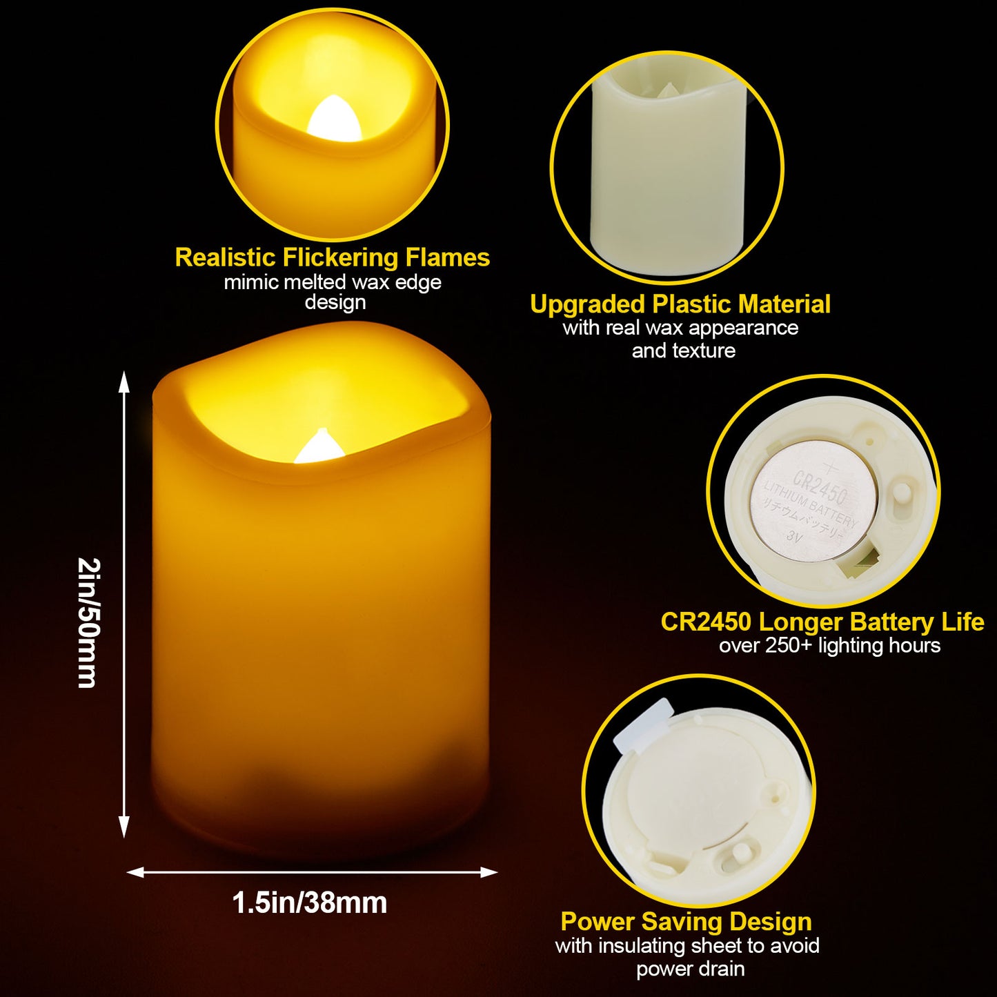 IMAGE Flameless Votive Candles,12 Pack 1.5 x 2 Inch Flickering 3D Wicks Battery Operated Candles,250+ Hours Long Lasting LED Tea Lights with Remote Timer for Christmas Wedding Home Decor,Warm Yellow