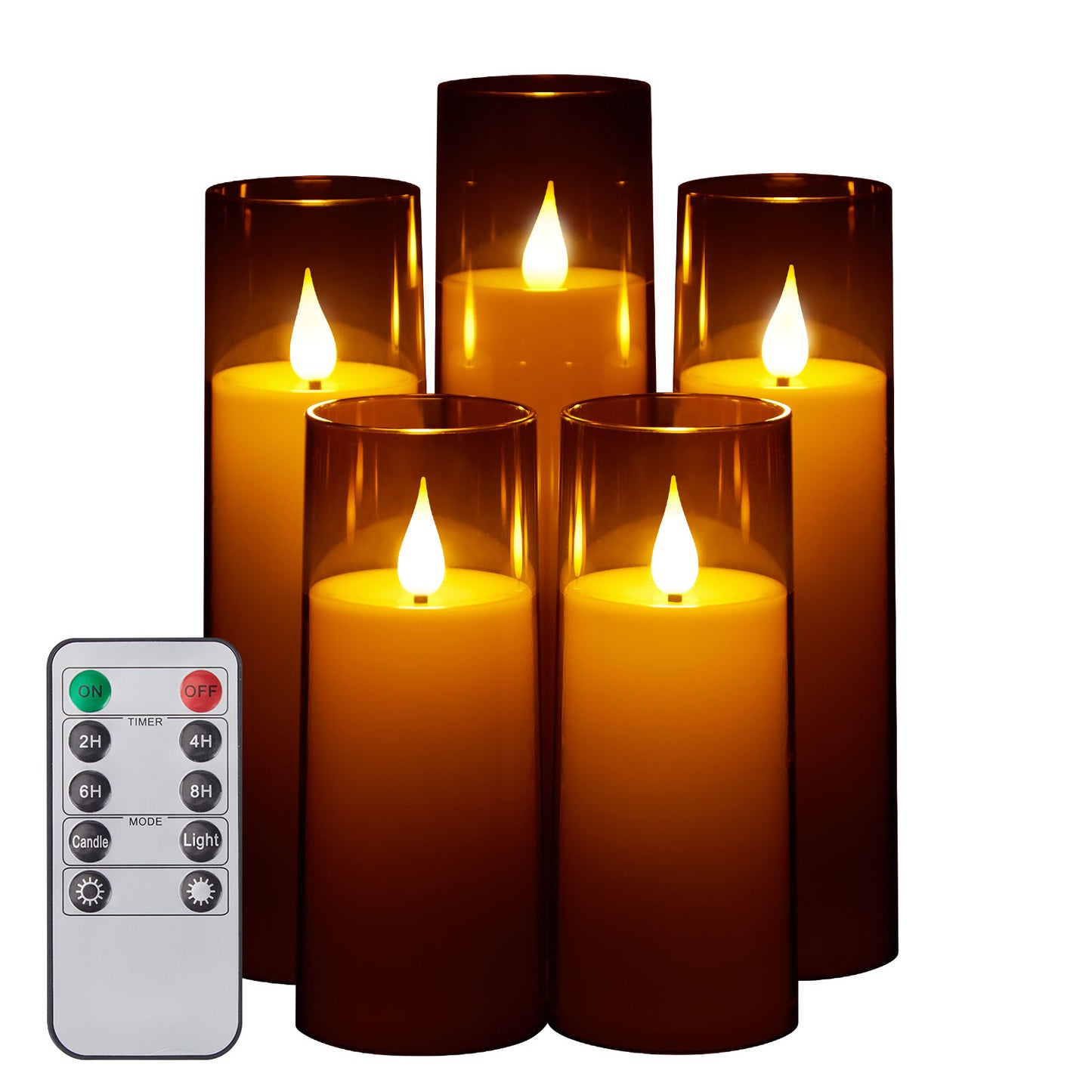 IMAGE Flickering Flameless Candles Battery Operated, Acrylic Shell Pillar 3D Wick LED Candles with 10-Key Remote Control Timer for Wedding Christmas Home Decor Set of 5 (D2.3 in X H5 5 7 7 8 in), Grey