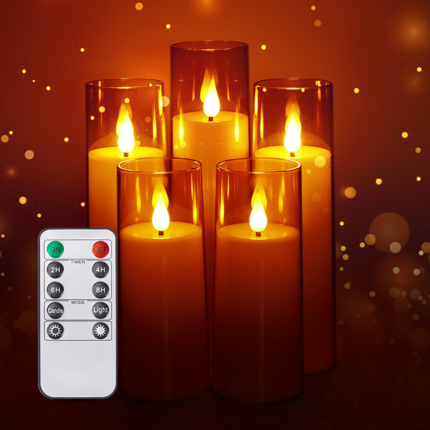 IMAGE Flickering Flameless Candles Battery Operated, Acrylic Shell Pillar 3D Wick LED Candles with 10-Key Remote Control Timer for Wedding Christmas Home Decor Set of 5 (D2.3 in X H5 5 7 7 8 in), Gold