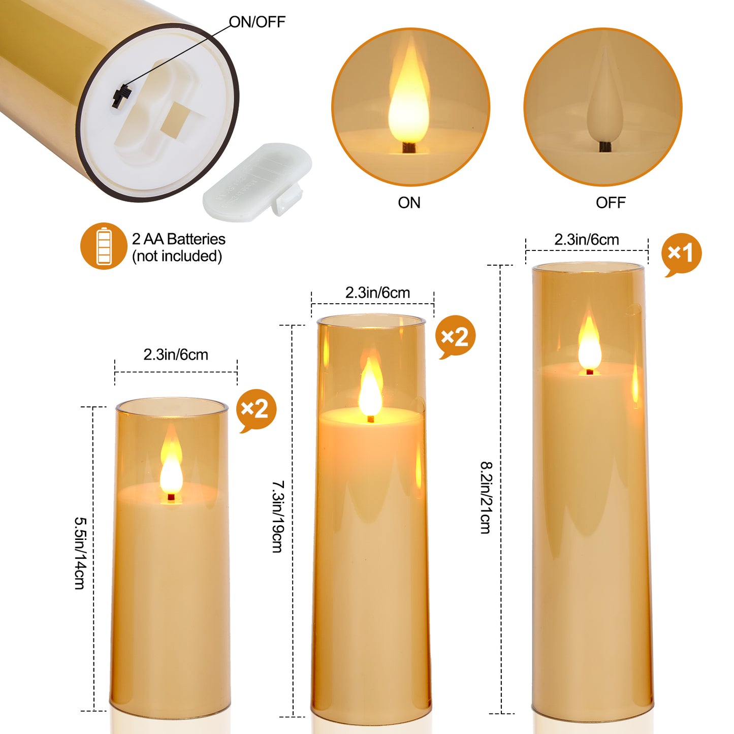 IMAGE Flickering Flameless Candles Battery Operated, Acrylic Shell Pillar 3D Wick LED Candles with 10-Key Remote Control Timer for Wedding Christmas Home Decor Set of 5 (D2.3 in X H5 5 7 7 8 in), Gold