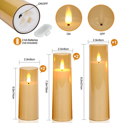 IMAGE Flickering Flameless Candles Battery Operated, Acrylic Shell Pillar 3D Wick LED Candles with 10-Key Remote Control Timer for Wedding Christmas Home Decor Set of 5 (D2.3 in X H5 5 7 7 8 in), Gold