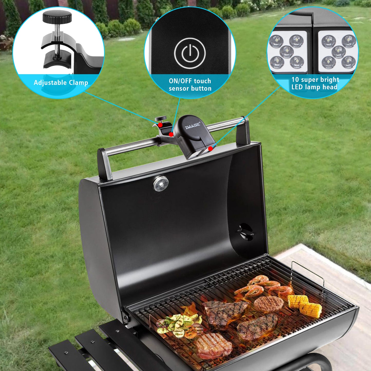 IMAGE BBQ Lights - 10 Super Bright LED Lights, Adjustable Handle with 360 Rotation, Fits Round & Square Grill Bars, Ideal for Cooking & Outdoor Use