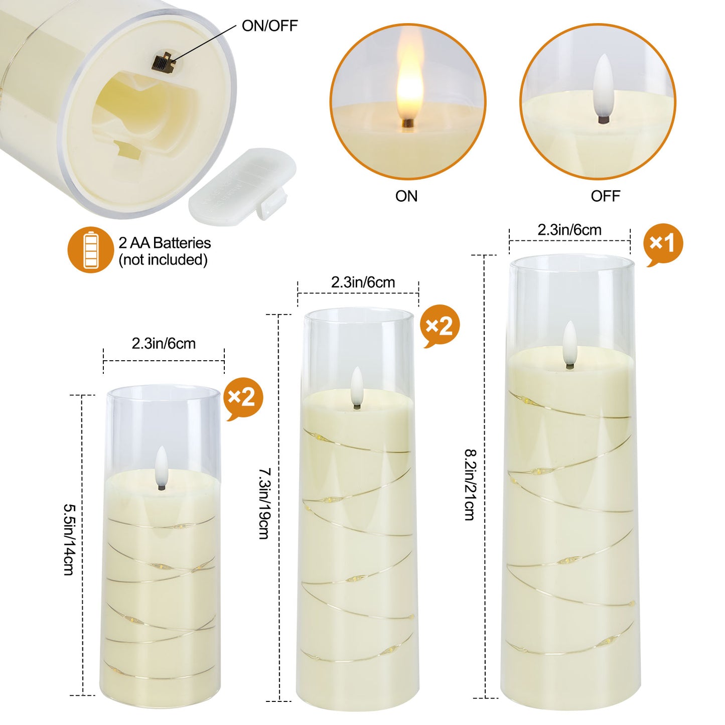 IMAGE Flickering Flameless Candles Battery Operated, Acrylic Shell Pillar 3D Wick LED Candles with 11-Key Remote Control Timer for Wedding Christmas Home Decor Set of 5 (D2.3 in X H5 5 7 7 8 in), Ivory