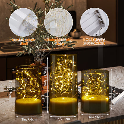 IMAGE Flickering Flameless Candles with String Lights - 3PCS Acrylic Shell Pillar LED Candles Featuring 13-Key Remote Timer, Battery Operated for Home, Wedding and Party Decor (D3 in X H4/5/6 in), White