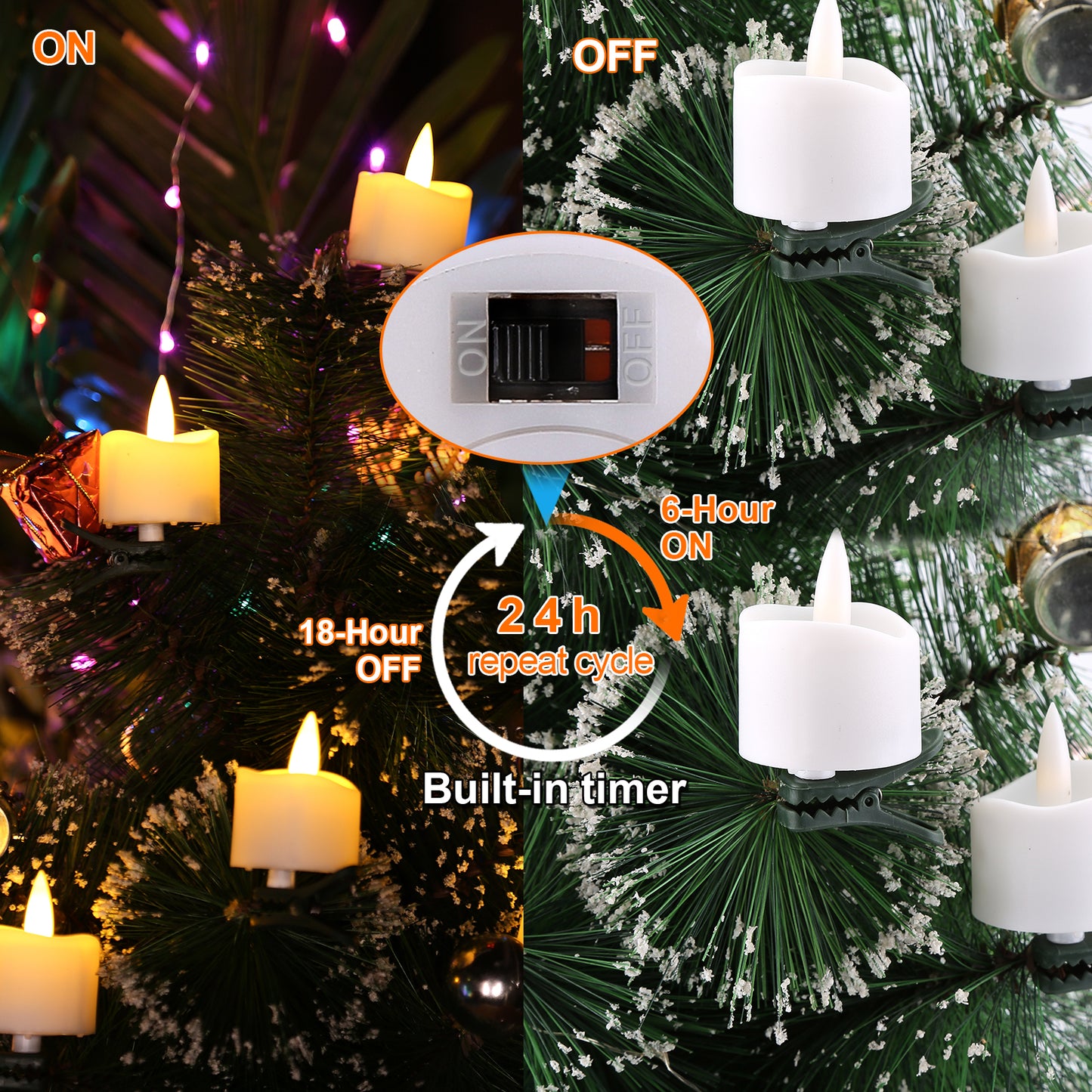 Tealight Candles, IMAGE LED Tealight Flicker Candles with clips for Christmas tree decoration Timer function Flickering , Battery Operated Flameless Tealight Candles, Pack of 12 warm white