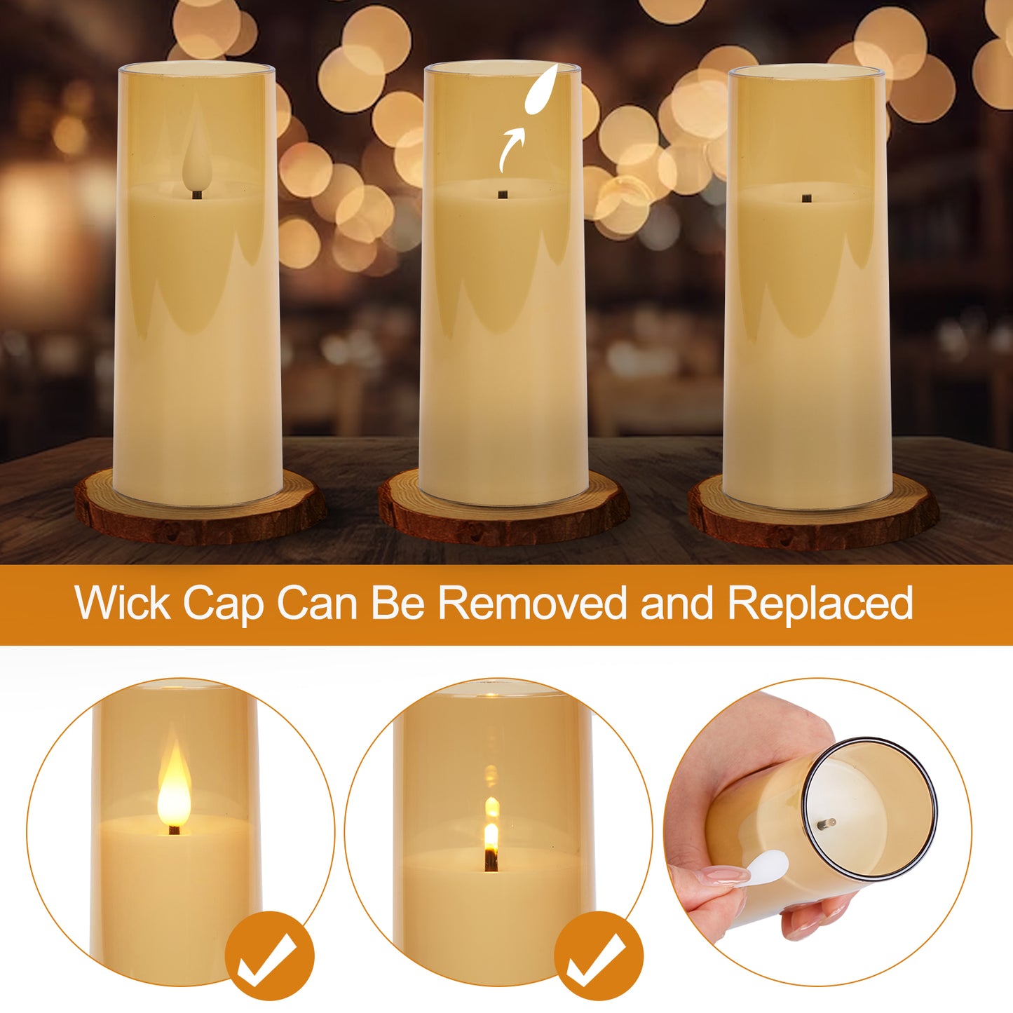 IMAGE Flickering Flameless Candles Battery Operated, Acrylic Shell Pillar 3D Wick LED Candles with 10-Key Remote Control Timer for Wedding Christmas Home Decor Set of 5 (D2.3 in X H5 5 7 7 8 in), Gold