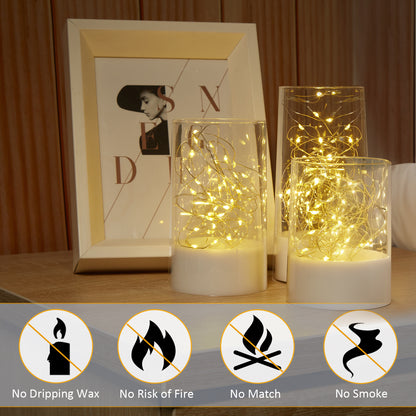 IMAGE Flickering Flameless Candles with String Lights - 3PCS Acrylic Shell Pillar LED Candles Featuring 13-Key Remote Timer, Battery Operated for Home, Wedding and Party Decor (D3 in X H4/5/6 in), White