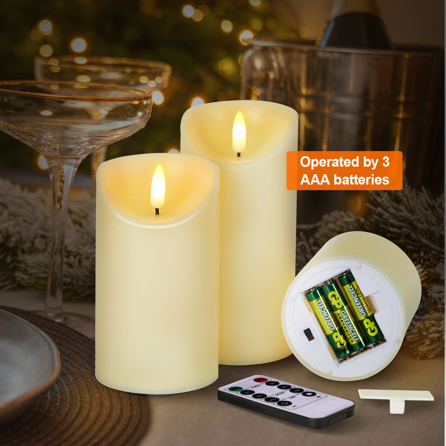 Flameless Candles, IMAGE Flickering Flameless Candles Set of 3, Realistic and Black Wick LED Candles with Remote and Timer, Battery Operated Candles for Home, Wedding, Birthday Decoration