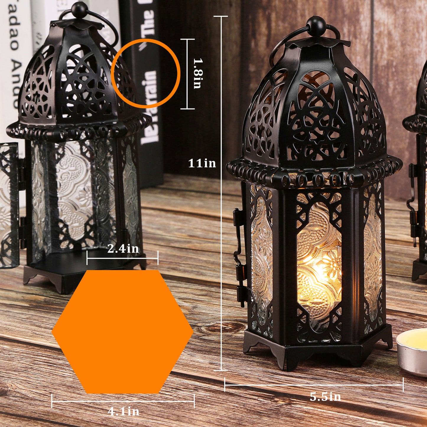 Metal Candle Holder Small Sized 4PCS sets Transparent Glass Moroccan Style Hanging Lanterns Creative Wedding Home Tabletop Decoration Birdcage, Black