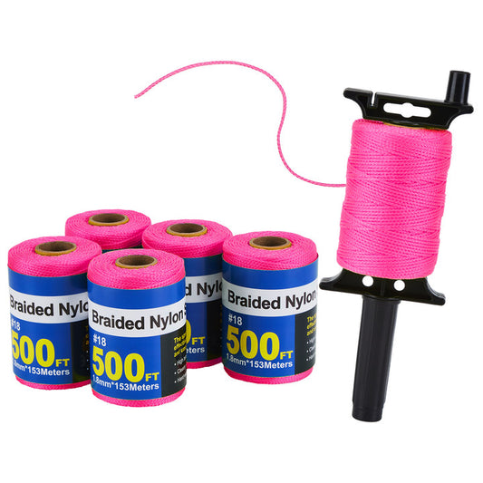IMAGE 6 Roll Mason Line String Line - #18 Braided Nylon String - 500 Ft Length - Nylon with Reloadable Line Reel Twine for Gardening Or Masonry Tools, Perfect Construction String (Pink)