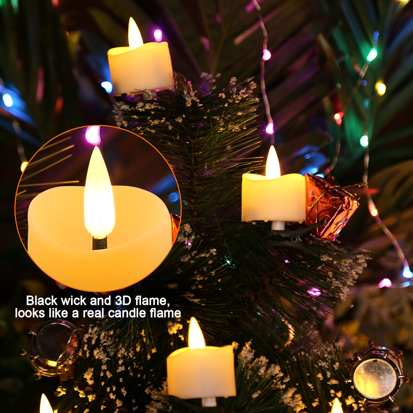 Tealight Candles, IMAGE LED Tealight Flicker Candles with clips for Christmas tree decoration Timer function Flickering , Battery Operated Flameless Tealight Candles, Pack of 12 warm white