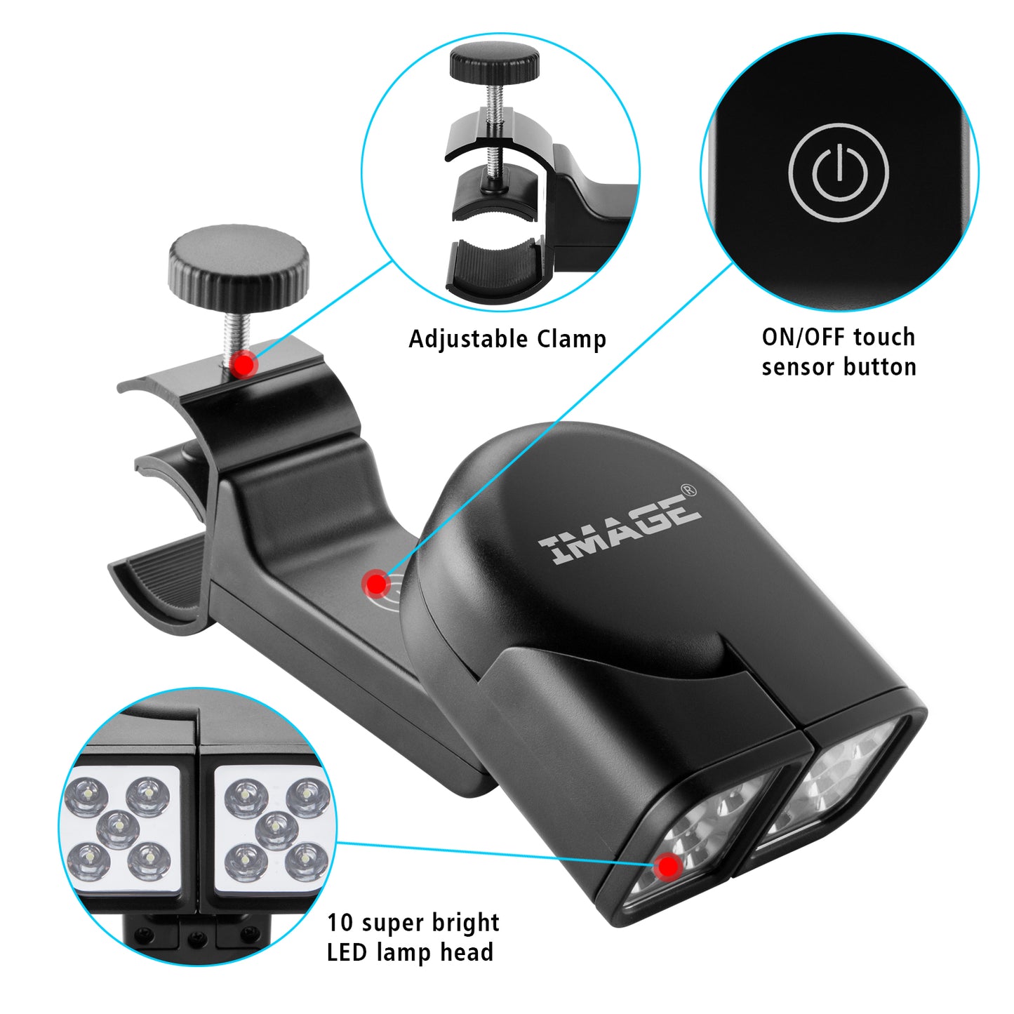 IMAGE BBQ Lights - 10 Super Bright LED Lights, Adjustable Handle with 360 Rotation, Fits Round & Square Grill Bars, Ideal for Cooking & Outdoor Use