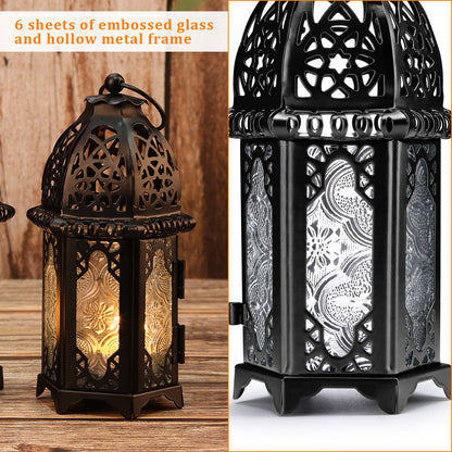 Metal Candle Holder Small Sized 4PCS sets Transparent Glass Moroccan Style Hanging Lanterns Creative Wedding Home Tabletop Decoration Birdcage, Black