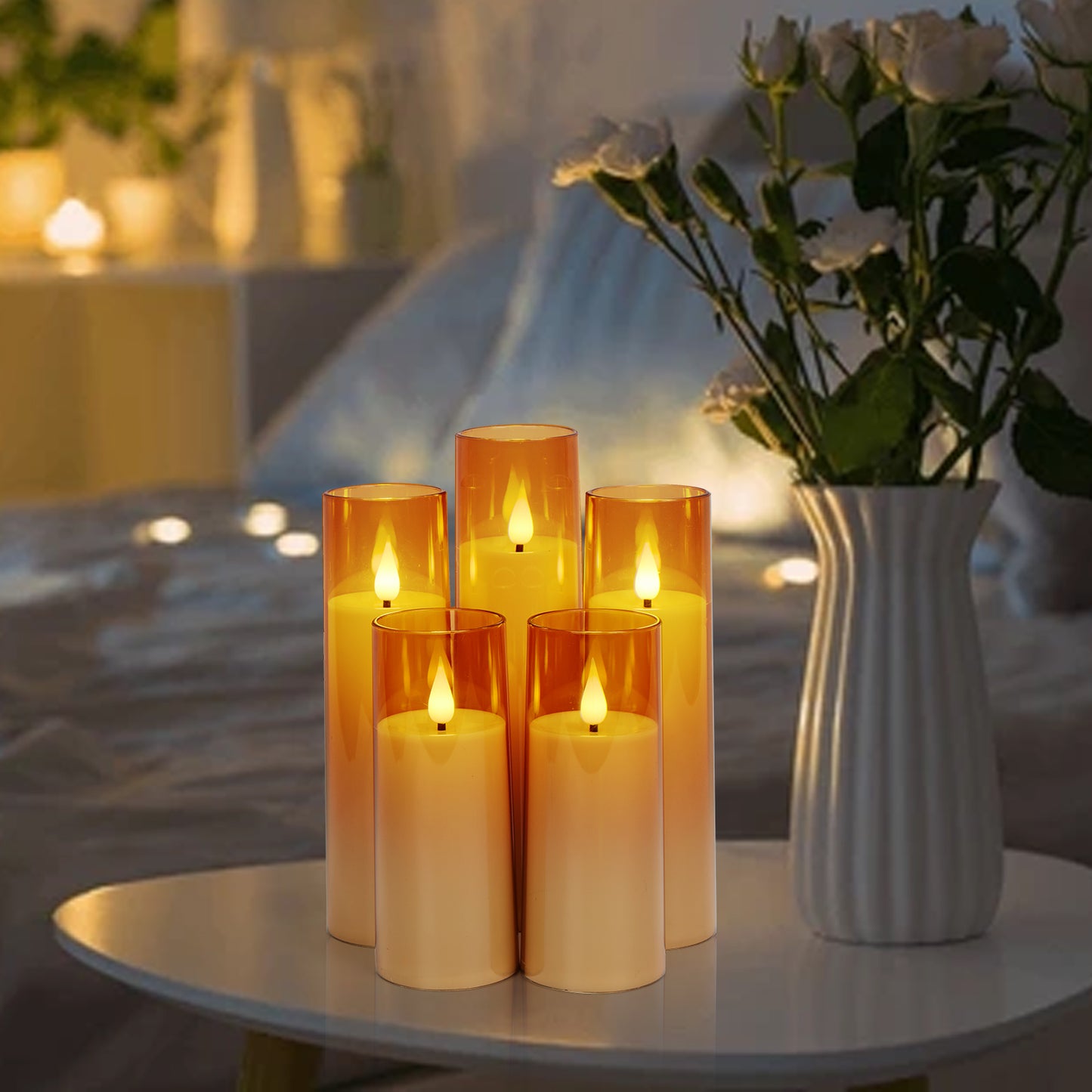 IMAGE Flickering Flameless Candles Battery Operated, Acrylic Shell Pillar 3D Wick LED Candles with 10-Key Remote Control Timer for Wedding Christmas Home Decor Set of 5 (D2.3 in X H5 5 7 7 8 in), Gold