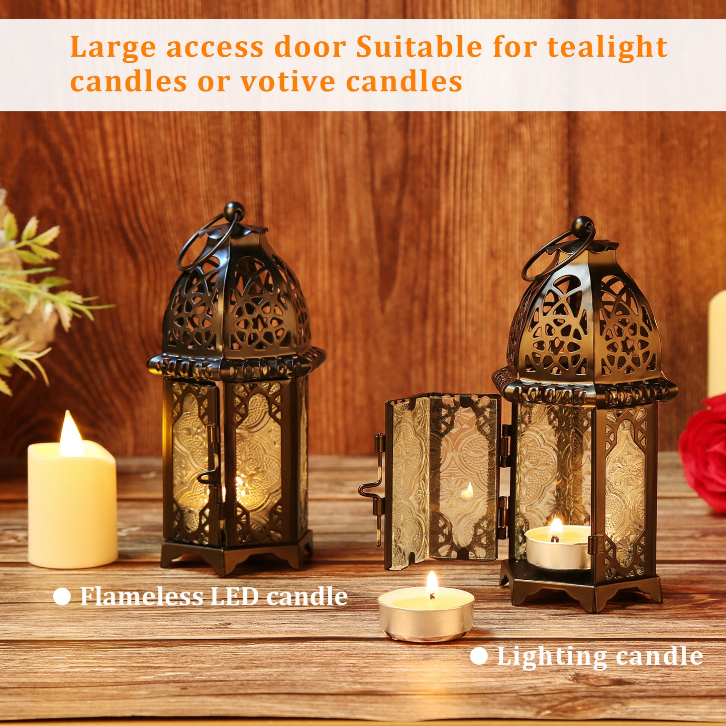 Metal Candle Holder Small Sized 4PCS sets Transparent Glass Moroccan Style Hanging Lanterns Creative Wedding Home Tabletop Decoration Birdcage, Black