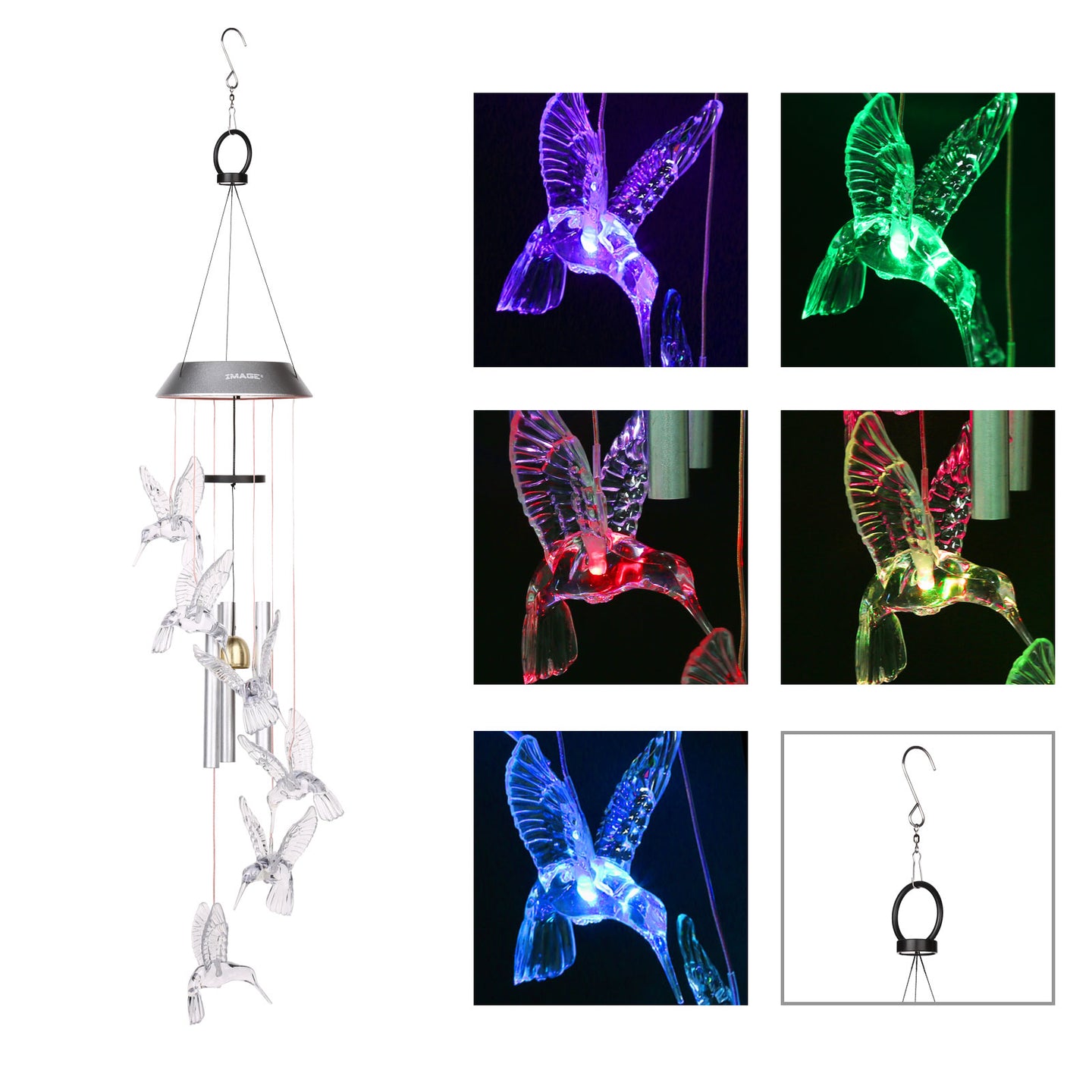 Wind Chimes Solar Hummingbird Wind Chime with Metal Tubes Color Changing Lights Outdoor Solar Lights Hanging Decorative Garden Lights Xmas Gifts for Decor Home Garden Patio Yard Indoor Outdoor