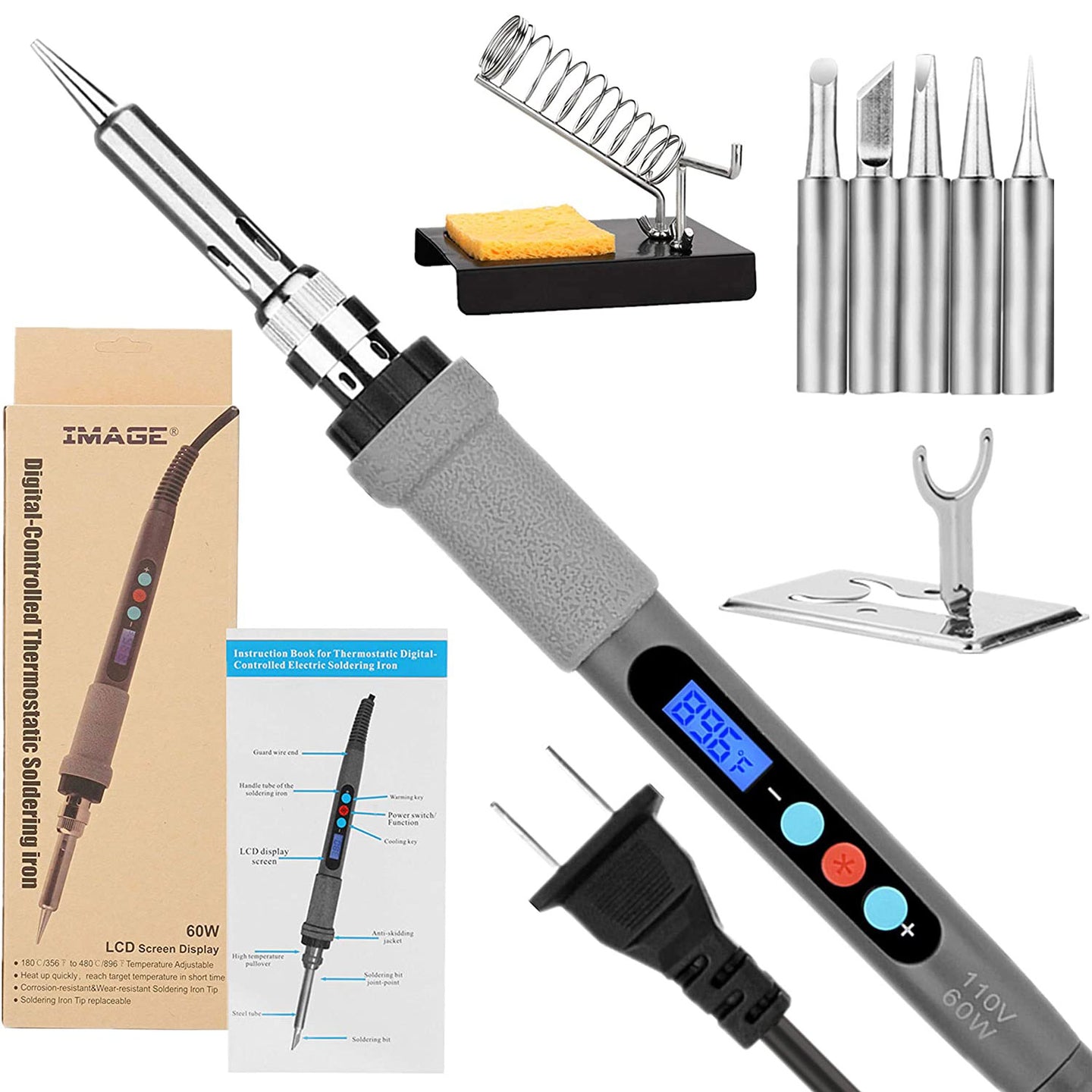 Welding Soldering Iron with Thermostatic Digital-Controlled and LCD Screen Display, 60 W Temperature Adjustable 180℃/356℉-480℃/896℉ with 5 PCS Soldering Bits, 2 Soldering Iron Stands & 1 Sponge